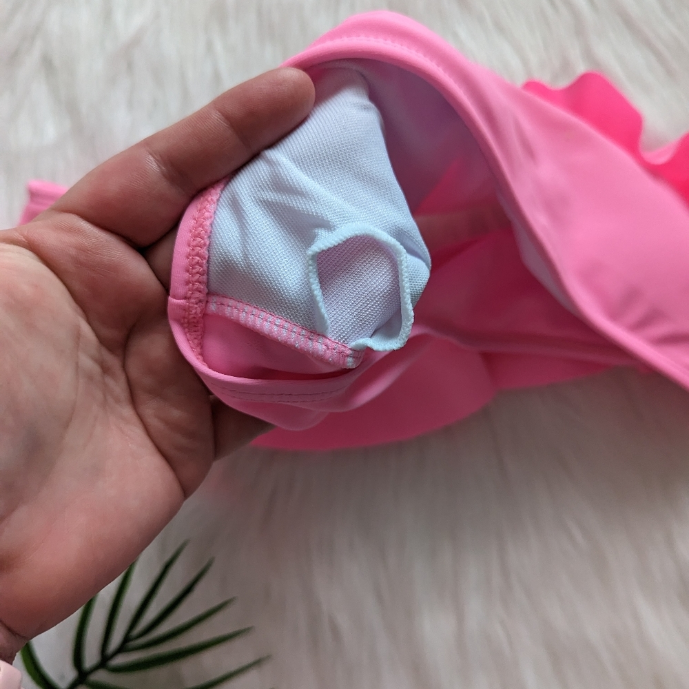 Bright pink ruffle trim one shoulder bikini top size S M L - Picture 3 of 6